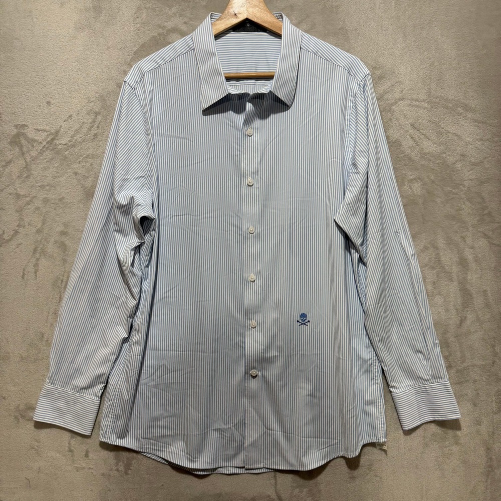 G/FORE Mens Stripe Performance Button Down Shirt Blue White Skull Logo Large L‎